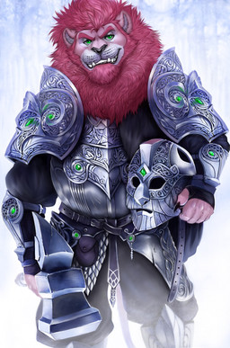 anthro armor beard black_claws claws clothed clothing facial_hair fangs finger_claws front_view fur green_eyes grin male male_anthro mane overweight overweight_anthro overweight_male pink_body pink_fur red_beard red_facial_hair red_mane smile solo standing teeth whiskers chumbasket felid lion mammal pantherine hi_res portrait three-quarter_portrait