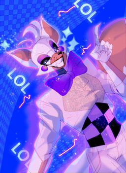5_fingers anthro black_sclera bow_tie claws eyebrows eyeshadow fangs fingers gesture hand_gesture machine makeup male orange_body orange_inner_ear pointing smile solo teeth white_body white_eyes larahhhhhhish five_nights_at_freddy's five_nights_at_freddy's_world scottgames sister_location lolbit_(fnaf) animatronic canid canine fox mammal robot 2020 hi_res