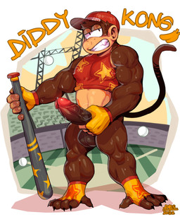 anthro balls baseball_bat bat_(object) biceps big_balls big_penis biped bodily_fluids bottomless claws clothed clothing crop_top erection feet fingerless_gloves foreskin genital_fluids genitals glans gloves handwear hat headgear headwear humanoid_genitalia humanoid_penis looking_at_viewer male muscular muscular_anthro muscular_male nipple_outline pecs penis precum prehensile_feet retracted_foreskin shirt solo stadium sweat toe_claws toes topwear vein veiny_penis desfrog donkey_kong_(series) nintendo diddy_kong haplorhine mammal monkey primate absurd_res hi_res