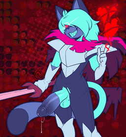 4_fingers alternate_color anthro armor balls big_penis blue_body blue_fur blue_hair bodily_fluids clothing cosplay dipstick_tail dotted_background evil_grin fingers fur genital_fluids genitals gloves glowing glowing_eyes hair handwear heart_symbol holding_object holding_weapon huge_penis humanoid_genitalia humanoid_penis male markings melee_weapon multicolored_body multicolored_fur multicolored_tail pattern_background penis precum red_eyes scarf sharp_teeth simple_background smile solo sword tail tail_markings teeth torn_clothing two_tone_body two_tone_fur weapon conditional_dnp teckworks deltarune undertale_(series) kris_dreemurr percy_(teckworks) domestic_cat felid feline felis mammal siamese_cat 2021 alternate_version_at_source signature