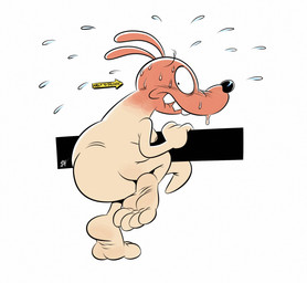 anthro blush bodily_fluids censor_bar embarrassed feet foot_focus gynecomastia imminent_ejaculation looking_at_viewer looking_back looking_back_at_viewer male moobs nipples nude physical_censor_bar slightly_chubby slightly_chubby_male soles solo sweat sweatdrop tail teeth thick_tail deepcreases nickelodeon rocko's_modern_life rocko_rama macropod mammal marsupial wallaby hi_res