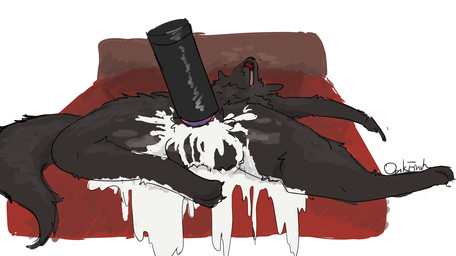 anthro balls bodily_fluids breath cum cum_drip cum_expulsion dripping excessive_cum excessive_genital_fluids genital_fluids genitals male musk open_mouth panting penetrable_sex_toy red_bedding sex_toy soaked_in_cum solo spreading tail tongue tongue_out oakfinch ankeidynn hybrid hi_res