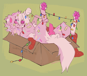 animal_genitalia animal_penis balls band-aid bandage big_eyes bound box canine_genitalia canine_penis cardboard cardboard_box christmas_decorations christmas_lights claws container ear_piercing entangled erection eyebrows facial_piercing feral fur genitals hair holidays knot knotted_penis legs_in_air legs_tied legs_up looking_at_viewer lying male multiple_piercings nose_piercing on_back pawpads paws penis piercing pink_body pink_fur pink_nose raised_inner_eyebrows ring_piercing shy simple_background solo spread_legs spreading star stuck tail text tinsel upside_down_penis slumberpup pillow_(slumberpup) canid canine canis domestic_dog mammal absurd_res hi_res