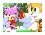 anthro blue_eyes boots border clothing dress duo female footwear fur gloves handwear male open_mouth open_smile outside party party_popper pink_body pink_fur shoes smile thin_thighs white_body white_border white_fur yellow_body yellow_fur kalk427 sega sonic_the_hedgehog_(series) amy_rose miles_prower canid canine eulipotyphlan fox hedgehog mammal hi_res