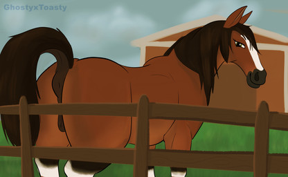 anatomically_correct anatomically_correct_anus anatomically_correct_genitalia anatomically_correct_vulva animal_genitalia animal_vulva anus barn blaze_(marking) brown_mane butt dock_(anatomy) equine_anus equine_genitalia equine_vulva eyelashes facial_markings farm female female_feral fence feral genitals grass head_markings leg_markings looking_at_viewer looking_back mane markings outside plant presenting presenting_anus presenting_vulva puffy_anus raised_tail rear_view smile socks_(marking) solo tail vulva ghostyxtoasty equid equine horse mammal absurd_res hi_res signature