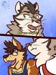 2_panel_comic anthro blue_background blue_eyes clothing dialogue dot_eyes duo eyewear glasses gradient_background green_eyes humor male open_mouth question sharp_teeth shirt simple_background simple_eyes tank_top teeth text topwear unimpressed whiskers ventkazemaru brian_(ventkazemaru) miles_kurano ambiguous_species canid canine canis felid feline mammal wolf 3:4 comic hi_res