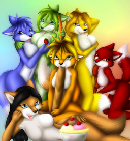 anthro banana bread breasts carrot cherry dessert dipstick_tail featureless_breasts female food food_fetish fruit group ice_cream looking_at_viewer markings meat naturally_censored nude plant sausage strawberry suggestive suggestive_food tail tail_markings vegetable whitmaverick canid canine mammal hi_res