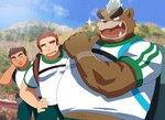 anthro backpack belly brown_body brown_fur fur group male muscular muscular_arms overweight trio suna_sand1 lifewonders tokyo_afterschool_summoners ashigara_(tas) gunzo_(tas) bear human mammal hi_res