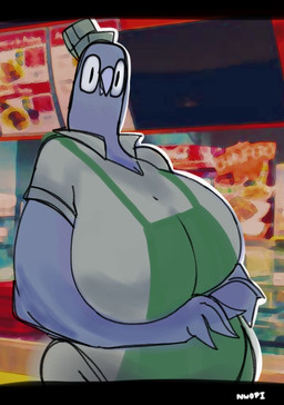 anthro beak big_breasts big_eyes breasts clothed clothing female grey_body hat headgear headwear huge_breasts non-mammal_breasts open_mouth restaurant solo nwopi pennelope_(nwopi) avian bird columbid pigeon hi_res