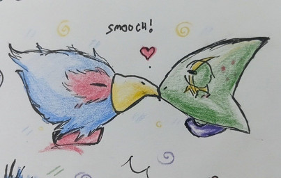 ambiguous/ambiguous ambiguous_gender anthro beak blue_body blue_feathers duo eyes_closed feathers green_body green_scales kissing male scales side_view simple_background white_background craig_turquesa nintendo star_fox falco_lombardi leon_powalski avian bird chameleon lizard reptile scalie traditional_media_(artwork) male_(lore)