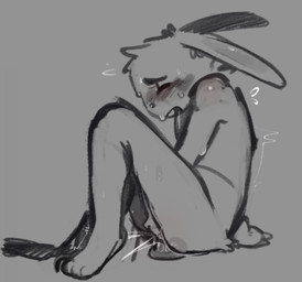 ambiguous_gender ambiguous_penetration anthro biped blush bodily_fluids buckteeth digitigrade dildo dildo_insertion emanata eyebrows eyes_closed hand_on_crotch head_tuft inner_ear_fluff masturbation open_mouth penetration scut_tail sex_toy sex_toy_insertion shaking short_tail side_view sitting solo sweat tail teeth tuft wince truemew lagomorph leporid mammal rabbit 2025 digital_media_(artwork) sketch spot_color