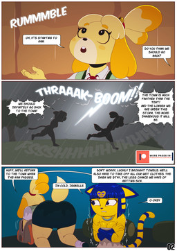 anthro blue_hair breasts butt clothed clothing dialogue hair raining shaking shivering speech_bubble storm tent text wet yellow_body ike_marshall animal_crossing nintendo ankha_(animal_crossing) isabelle_(animal_crossing) canid canine canis domestic_cat domestic_dog felid feline felis mammal comic english_text hi_res