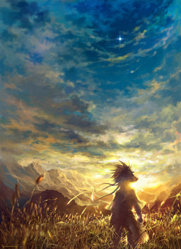 accessory ambiguous_gender anthro cattail_(plant) cloud detailed_background ears_back grass headband landscape light looking_to_sky male mountain pivoted_ears plant rear_view shadow solo star sunlight sunset tail jeacn digital_drawing_(artwork) digital_media_(artwork) hi_res signature