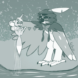 ambiguous_gender bent_ear bodily_fluids crying curled_up dangling dripping_wet duo ear_piercing feathers feral fetal_pose green_background piercing river scruff_grab scruffing simple_background tears water wet_tail kerilyn nintendo pokemon avian bird decidueye eevee generation_1_pokemon generation_7_pokemon pokemon_(species) shiny_pokemon 1:1 2025 green_and_white hi_res monochrome