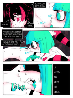 anthro blood blue_eyes blue_fingernails blue_hair blue_nails blue_tongue blush bodily_fluids clothing colored_nails cunnilingus dialogue ear_piercing emoticon female female/female fingernails floor forced forced_cunnilingus genitals gun hair handgun homophobic_slur inner_monologue inner_thoughts laugh legwear nails nipple_piercing nipples nosebleed nude onomatopoeia oral pattern_clothing pattern_legwear pattern_stockings piercing ranged_weapon red_eyes red_hair red_nails reluctant_sex revolver sex slur sound_effects stockings striped_clothing striped_legwear striped_stockings stripes sweat tail teeth text thinking tongue tongue_out vaginal vulva weapon ponporio the_disappearance_of_girl_a girl_a girl_b felid mammal 3:4 absurd_res comic english_text hi_res