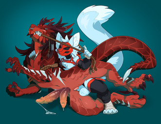 2_penises animal_genitalia animal_penis anthro bdsm bondage bound claws duo genitals harness hemipenes horn male male/male mask multi_genitalia multi_penis penis piercing red_body restraints rope rope_bondage size_difference white_body kingkapro mythology shinobi_(kingkapro) canid canine dragon fox mammal mythological_creature mythological_scalie scalie absurd_res hi_res