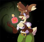 anthro big_breasts breasts brown_body brown_fur clothing dress female fur green_clothing hair happy heart_symbol horn potion shadow solo white_clothing white_dress yellow_eyes snappygrey amber_fauna deer mammal hi_res