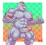 abs abstract_background anthro balls biceps deltoids erection genitals grey_body grey_skin humanoid_genitalia humanoid_hands humanoid_penis male muscular muscular_anthro muscular_male navel nipples open_mouth pecs penis quads red_eyes smile solo triceps ougon nintendo pokemon generation_1_pokemon machoke pokemon_(species) hi_res