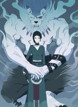 clothed clothing duo earwear eye_scar facial_scar female hair hand_belt jewelry looking_at_viewer male mane mane_hair melee_weapon muscular necklace scar topless weapon huti bandai_namco digimon digimon_beatbreak maki_kutsuwada digimon_(species) felid ghost human iceleomon lion mammal panjyamon pantherine spirit hi_res