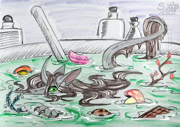 ambiguous_feral ambiguous_gender candy cauldron chocolate claws cookie dessert fangs feathers feral fluffy food fungus fur fya holidays horn magic_user mushroom paws potion silly swimming teeth wet witch sunny_way april_fools'_day ki'rinaes hi_res