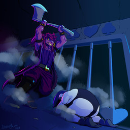 all_fours armband axe bars belt boots bracelet breasts clothed clothing clubs_(suit) detailed_background diamonds_(suit) duo dust dutch_angle female footwear heart_symbol holding_object holding_weapon jewelry larger_female male melee_weapon muscular muscular_female prison regret sad scared sharp_teeth shoes size_difference small_breasts smaller_male spades_(suit) spiked_armband spiked_bracelet spikes suit_symbol teeth weapon mainlinemojo deltarune undertale_(series) lancer_(deltarune) susie_(deltarune) darkner humanoid reptile scalie 2018 absurd_res colored cool_colors hi_res