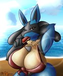 absurd_res anthro areola beach big_breasts blue_body blue_fur bodily_fluids bra breasts butt canid canine cleavage clothed clothing digital_media_(artwork) female food fur generation_4_pokemon hi_res huge_breasts innuendo licking looking_at_viewer lucario mammal neksu nintendo pokemon pokemon_(species) popsicle purple_areola sea seaside sky smile solo sucking tongue tongue_out underwear water