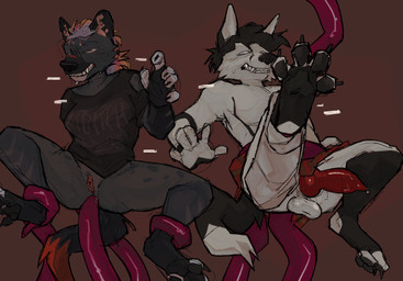 anal anal_penetration animal_genitalia animal_penis anthro balls bodily_fluids butt canine_genitalia clothing duo erection female genital_fluids genitals male male_penetrated penetration penis questionable_consent sex simple_background tentacle_sex tentacles openfracturesday canid canine hyena mammal absurd_res digital_media_(artwork) hi_res