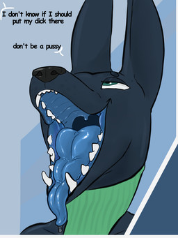 anthro big_teeth big_tongue bodily_fluids dark_body dark_fur dialogue dripping female fur mouth_shot open_mouth oral_invitation provocative saliva saliva_drip solo teeth text tongue tongue_out uvula mainyck canid canine mammal digital_drawing_(artwork) digital_media_(artwork) english_text hi_res