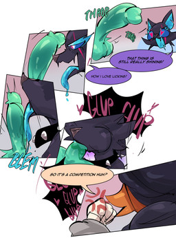 anthro balls black_body black_clothing black_fur blue_inner_ear blue_sclera blue_tongue brown_body brown_fur clothing collar cross-popping_vein dialogue fellatio female fur genitals green_penis group heart_eyes heart_symbol licking male male/female open_mouth oral penile penis penis_in_mouth penis_lick purple_speech_bubble sex speech_bubble spiked_collar spikes tan_speech_bubble text throbbing throbbing_penis tongue tongue_out trio white_body white_fur sirkerner epic_games fortnite mythology cerberus_(fortnite) meow_skulls pack_leader_highwire calico_cat canid canid_demon canine canis demon domestic_cat felid feline felis hellhound mammal mythological_canine mythological_creature wolf absurd_res comic english_text hi_res