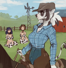 animal_print animal_print_bikini animal_print_thigh_highs anthro anthro_focus bangs barn bell bell_collar big_breasts bikini blush bottomwear breasts brown_hair chaps clothing collar collared_shirt cow_print cow_print_bikini cow_print_thigh_highs cowbell cowboy_hat dress_shirt farm female feral fur group hair hat hay_in_mouth headgear headwear hucow kneeling legwear markings pants pasture pattern_bikini pattern_clothing pattern_legwear pattern_swimwear pattern_thigh_highs riding_horse saddle shirt spots spotted_body spotted_fur swimwear tail tail_tuft thigh_highs topwear tuft two-piece_swimsuit arbuzbudesh animal_humanoid bovid bovid_humanoid bovine bovine_humanoid cattle cattle_humanoid equid equine horse humanoid mammal mammal_humanoid 2026
