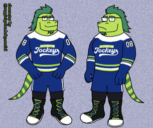 anthro black_boots black_clothing black_footwear blue_bottomwear blue_clothing blue_handwear blue_mittens blue_pants blue_shirt blue_topwear boots bottomwear clothing copyright_symbol detailed_background eyewear facial_hair footwear glasses goatee green_body green_hair green_scales green_text hair handwear male markings mittens pants scales shirt shoes solo striped_markings stripes symbol text topwear white_clothing white_shirt white_text white_topwear eddicus jockington_jockeys bluesky reggie_igulas iguana iguanid lizard reptile scalie english_text hi_res