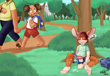 after_masturbation anthro backpack balls bodily_fluids bottomwear caught_in_the_act clothed clothing cum detailed_background erection erection_under_clothing exposed genital_fluids genitals group knot male male/male outside penis plant public relaxing shorts spread_legs spreading tree young young_anthro young_male onykr nintendo pokemon ony canid canine canis croconaw domestic_dog generation_2_pokemon lagomorph leporid mammal pokemon_(species) rabbit 2020 hi_res