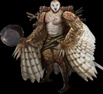 abs anthro backpack beak belt biceps big_muscles black_beak black_eyes bottomwear brown_body brown_feathers clothed clothed/nude clothing feathered_wings feathers feet kilt male moobs musclegut muscular muscular_anthro muscular_male nordic_runes nude pecs runes shin_guards skirt sleeping_bag solo talons tattoo toes topless topless_anthro topless_male white_body white_feathers wings wok jordankvdm sheru_owl avian bird owl absurd_res alpha_channel hi_res