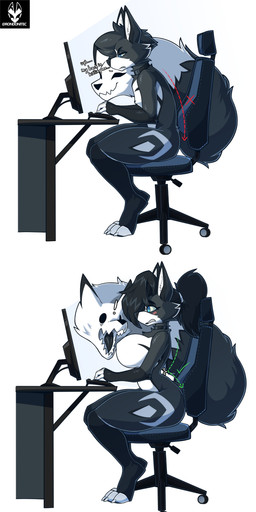 anthro big_breasts black_body black_choker black_fur black_hair black_jewelry black_necklace blue_eyes breasts chair choker choker_only computer dialogue electronics female fur furniture gender_transformation hair jewelry living_tail male mtf_transformation multicolored_body multicolored_fur necklace necklace_only nude nude_anthro nude_female nude_male ponytail sitting solo tail text transformation two_tone_body two_tone_fur unusual_anatomy unusual_tail white_body white_fur rondonite correct_gaming_posture aki_(rubydafloof) canid canine fox mammal 2025 absurd_res english_text hi_res