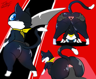 all_fours anthro anus backsack balls belt big_butt black_body black_fur blue_eyes butt dipstick_tail fur genitals glistening glistening_butt grey_hands kerchief looking_at_viewer looking_back male markings mask melee_weapon penetration penile penile_penetration raised_tail rear_view shortstack shortstack_male smile smug_face solo spread_anus spread_butt spreading sword tail tail_markings text tongue tongue_out weapon white_body white_fur white_tail_tip prate-dragon atlus megami_tensei persona_(series) persona_5 sega morgana_(persona) domestic_cat felid feline felis mammal tuxedo_cat hi_res