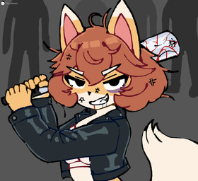 anthro baseball_bat bat_(object) blood bodily_fluids brown_hair bruised clothing countershading dipstick_ears drooling ear_markings female fur grin hair jacket leather leather_clothing leather_jacket leather_topwear multicolored_ears saliva silhouette smile solo topwear yellow_body yellow_fur voider_(artist) bully_fox canid canine fox human mammal hi_res