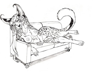 anthro areola barely_visible_genitalia barely_visible_vulva biped blush breasts claws digitigrade ears_up erect_nipples fangs female furniture genitals hair head_tilt long_hair looking_down lying markings navel nipples open_mouth simple_background sofa solo spots tail teeth tongue vulva white_background shebeast felid feline lynx mammal full-length_portrait monochrome portrait signature source_request