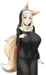 big_breasts blonde_hair blue_eyes blush breasts clothed clothing cross cross_necklace female habit hair huge_breasts jewelry markings mole_(marking) necklace nipple_outline nun simple_background solo white_background twrlare animal_humanoid canid canid_humanoid canine canine_humanoid fox_humanoid humanoid mammal mammal_humanoid 2020