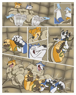 4_toes anthro barefoot bdsm black_nose black_pawpads blue_body blue_fur bodily_fluids bondage bound brown_pawpads clothing cuff_(restraint) disembodied_hand duo_focus eyes_closed feet floppy_ears folded_ears foot_fetish foot_focus footwear fur group laugh leather leather_cuffs loose_feather male motion_lines multicolored_body multicolored_fur padded_room pawpads paws pink_tongue plantigrade restrained restraints sitting socks socks_removed soles straitjacket submissive submissive_male sweat sweatdrop teeth tickle_fetish tickle_torture tickling tickling_feet toes tongue two_tone_body two_tone_fur white_body white_clothing white_footwear white_fur white_socks yellow_body yellow_fur oxsso road_rovers exile_(road_rovers) hunter_(road_rovers) bird_dog canid canine canis domestic_dog golden_retriever hunting_dog husky mammal nordic_sled_dog retriever spitz comic hi_res
