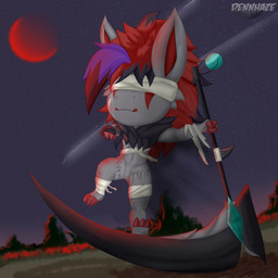 anthro bandage blindfold chest_tuft chibi claws detailed_background facial_markings fur grey_body grey_fur hair head_markings highlights_(coloring) male markings melee_weapon moon night polearm red_hair red_moon scythe solo tuft weapon dennhaze nintendo pokemon generation_5_pokemon pokemon_(species) zoroark 1:1 2021 absurd_res hi_res signature