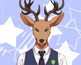 anthro antlers clothed clothing fur horn looking_at_viewer male simple_background solo angiebootz beastars louis_(beastars) cervine deer mammal red_deer 5:4 absurd_res hi_res portrait tagme