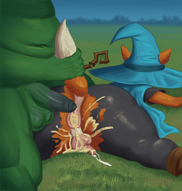 after_sex anthro anus balls big_butt big_penis black_bodysuit black_clothing black_nose black_skinsuit blue_cape blue_clothing blue_hat blue_headwear bodily_fluids bodysuit brown_clothing brown_footwear brown_shoes butt cape clothing colored_cum cum cum_in_ass cum_inside duo ejaculation eyes_closed footwear fur gaping gaping_anus genital_fluids genitals grass green_body green_skin hand_on_tail hat headgear headwear leaking leaking_anus leaking_cum lying magic_user male male/male multicolored_body multicolored_fur on_front on_grass orange_body orange_ears orange_fur orange_tail orgasm outside penis plant rear_view shoes skinsuit small_balls small_penis staff tail tail_grab thick_thighs tight_clothing torn_clothing two_tone_body two_tone_fur two_tone_hat two_tone_tail unusual_bodily_fluids unusual_cum unusual_genital_fluids white_body white_fur white_tail wizard_hat yellow_cum goldcrustedchicken megabonk fox_(megabonk) canid canine canis fox goblin humanoid mammal 2025 absurd_res digital_media_(artwork) hi_res