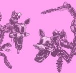 ambiguous_gender endoskeleton horror_(theme) machine pink_background simple_background remy_boydell five_nights_at_freddy's five_nights_at_freddy's_2 scottgames mangle_(fnaf) animatronic canid canine fox mammal robot 2014 low_res monochrome