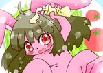 ahoge ambiguous_fluids anthro blush brown_hair female fur hair navel nude open_mouth pink_body pink_fur playful pubes rabbit_ears red_eyes solo spread_legs spreading squeeze_bottle young young_anthro young_female annyui0611 lagomorph leporid mammal rabbit cropped hi_res