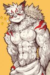 abs animal_ears anthro blush eyebrows fox_ears fur hair male markings muscular muscular_anthro muscular_male neck_tuft nipples nude nude_anthro nude_male pecs ponytail smile smiling_at_viewer solo standing tail thick_eyebrows tuft jwbash lifewonders tokyo_afterschool_summoners inari_(tas) canid canine fox mammal true_fox absurd_res hatching_(art) hi_res shaded sketch