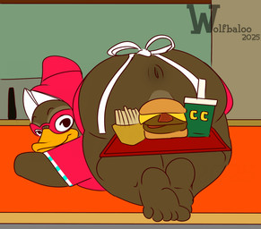 anthro anus butt clothed clothing covering covering_crotch diner eyewear female food genitals glasses partially_clothed presenting presenting_hindquarters restaurant simple_background solo topwear wolfbaloo friends_vs_friends nancy anatid anseriform avian bird duck digital_media_(artwork) hi_res