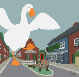 ambiguous_gender beak bench booth booth_(structure) destruction duo feathered_wings feathers feral figurine kick phone_booth scale_model spread_wings village wings monocerus untitled_goose_game goose_(untitled_goose_game) anatid anseriform anserine avian bird goose model 2019 absurd_res hi_res lineless