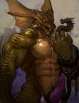 4_eyes abs abstract_background absurd_res ambiguous_gender anthro dragon duo erection feral genitals goroguro hi_res male male_focus multi_eye muscular muscular_male mythological_creature mythological_scalie mythology nude pecs penis scalie serpentine solo_focus standing