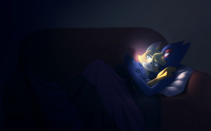 anthro arm_around_shoulders beak bedding blanket blue_body blue_eyes blue_feathers clothed clothing cuddling dark duo electronics feathers fully_clothed fur furniture game_console green_eyes lying male male/male on_back on_side pillow shirt simple_background sofa topwear aoiuchuu nintendo nintendo_ds nintendo_ds_family star_fox falco_lombardi fox_mccloud avian bird canid canine fox mammal