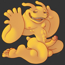 abs anthro athlete big_feet erection feet genitals male mascot nipples pecs penis sammy_the_banana_slug simple_background sitting small_waist smile solo yellow_body ravuer banana_slug gastropod mollusk slug 1:1 hi_res
